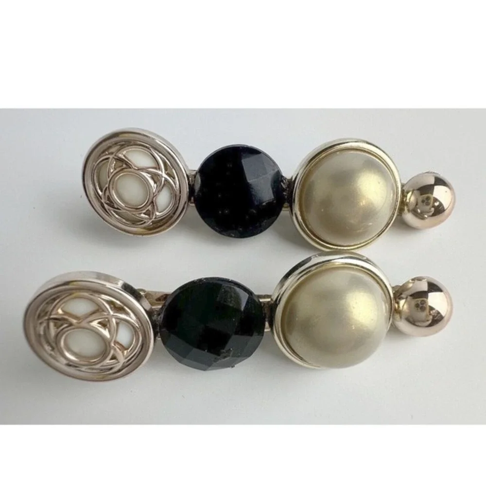 Set of Vintage Style Gold Tone Alligator Hair Clips Faux Pearl Black Crystal J-0